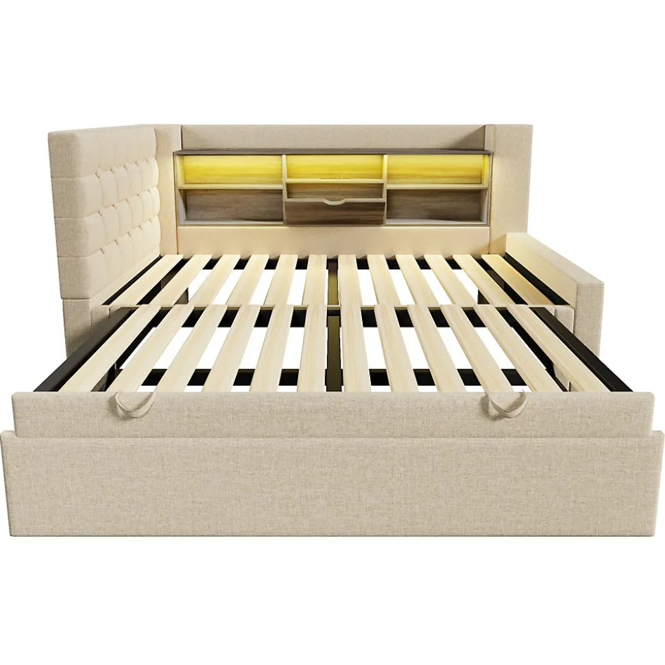Canapé-lit 90x200 cm avec lit gigogne - LED + rangement - USB - tissu lin - beige (sans matelas)