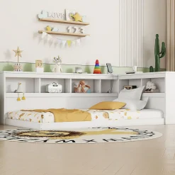 Canapé-lit 90x200 cm avec prises et 2 USB, rangements latéraux, structure panneaux de particules et MDF, blanc