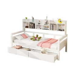 Canapé-lit 90x200 cm avec tiroirs et étagères sommier bois massif blanc