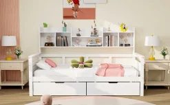 Canapé-lit 90x200 cm avec tiroirs et étagères sommier bois massif blanc