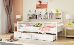 Canapé-lit 90x200 cm avec tiroirs et étagères sommier bois massif blanc