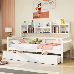 Canapé-lit 90x200 cm avec tiroirs et étagères sommier bois massif blanc