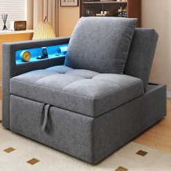 Canapé-lit 140x190 cm convertible clic-clac avec coffre, tissu gris, design contemporain