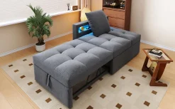 Canapé-lit 140x190 cm convertible clic-clac avec coffre, tissu gris, design contemporain