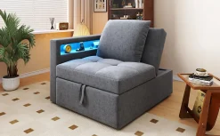 Canapé-lit 140x190 cm convertible clic-clac avec coffre, tissu gris, design contemporain