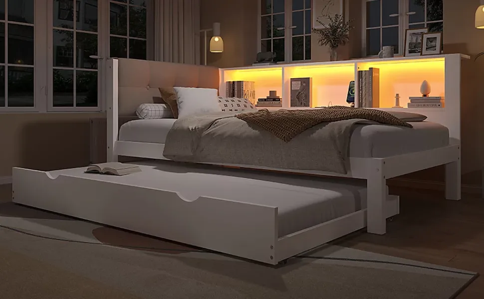 Canapé-lit 140x190 cm convertible clic-clac en tissu gris avec coffre de rangement et dossier réglable