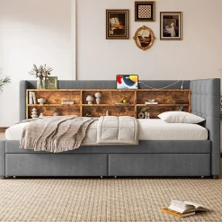 Canapé-lit 140x190 cm convertible clic-clac en tissu gris avec coffre discret, structure métal, contemporain