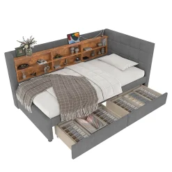 Canapé-lit 140x190 cm convertible clic-clac en tissu gris avec coffre discret, structure métal, contemporain