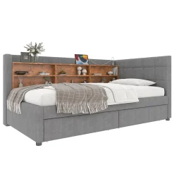 Canapé-lit 140x190 cm convertible clic-clac en tissu gris avec coffre discret, structure métal, contemporain