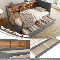 Canapé-lit 140x190 cm convertible clic-clac en tissu gris avec coffre discret, structure métal, contemporain