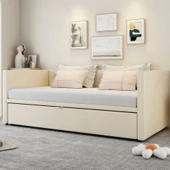 Canapé-lit 90x200 cm convertible en 180x200 cm avec sommier à lattes, tissu velours beige