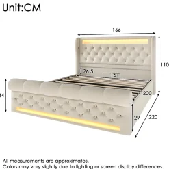 Canapé-lit 160x200 cm convertible avec rangement hydraulique, éclairage LED intégré et station USB/Type-C en velours beige
