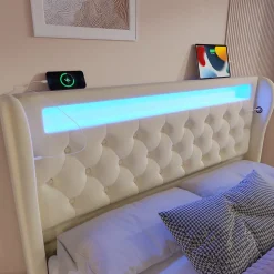 Canapé-lit 160x200 cm convertible avec rangement hydraulique, éclairage LED intégré et station USB/Type-C en velours beige