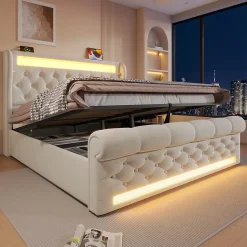 Canapé-lit 160x200 cm convertible avec rangement hydraulique, éclairage LED intégré et station USB/Type-C en velours beige