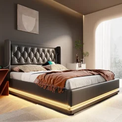 Canapé-lit 140x200 cm convertible coffre hydraulique, LED 3 côtés, tête de lit USB-C, simili cuir noir