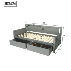 Canapé-lit 90x200 cm en bois massif avec deux étagères structure solide gris