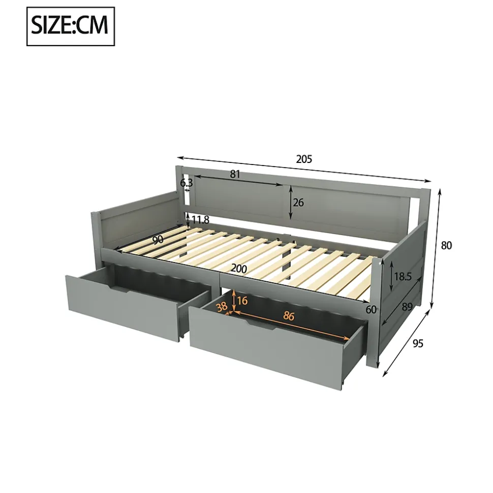 Canapé-lit 90x200 cm en bois massif avec deux étagères structure solide gris