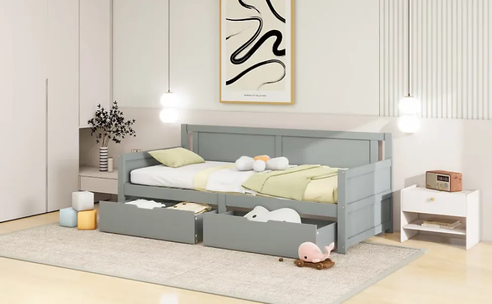 Canapé-lit 90x200 cm en bois massif avec deux étagères structure solide gris