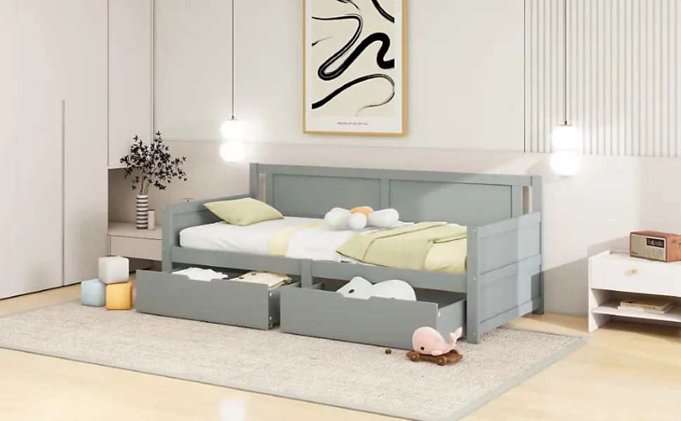 Canapé-lit 90x200 cm en bois massif avec deux étagères structure solide gris