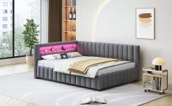Canapé-lit 140x200 cm en L convertible, revêtement velours gris, bande LED changeante et port USB, cadre lattenrost robuste