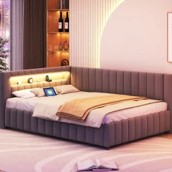 Canapé-lit 140x200 cm en L convertible, revêtement velours gris, bande LED changeante et port USB, cadre lattenrost robuste
