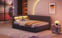 Canapé-lit 140x200 cm en L convertible, revêtement velours gris, bande LED changeante et port USB, cadre lattenrost robuste