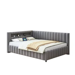 Canapé-lit 140x200 cm en L convertible, revêtement velours gris, bande LED changeante et port USB, cadre lattenrost robuste