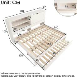 Canapé-lit 140x190cm - lit gigogne - USB et Type-C - rangements - blanc (matelas non inclus)
