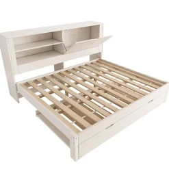 Canapé-lit 140x190cm - lit gigogne - USB et Type-C - rangements - blanc (matelas non inclus)