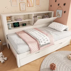 Canapé-lit 90x190cm - lit gigogne - USB et Type-C - rangements - blanc (matelas non inclus)