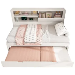 Canapé-lit 90x190cm - lit gigogne - USB et Type-C - rangements - blanc (matelas non inclus)