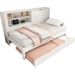 Canapé-lit 90x190cm - lit gigogne - USB et Type-C - rangements - blanc (matelas non inclus)