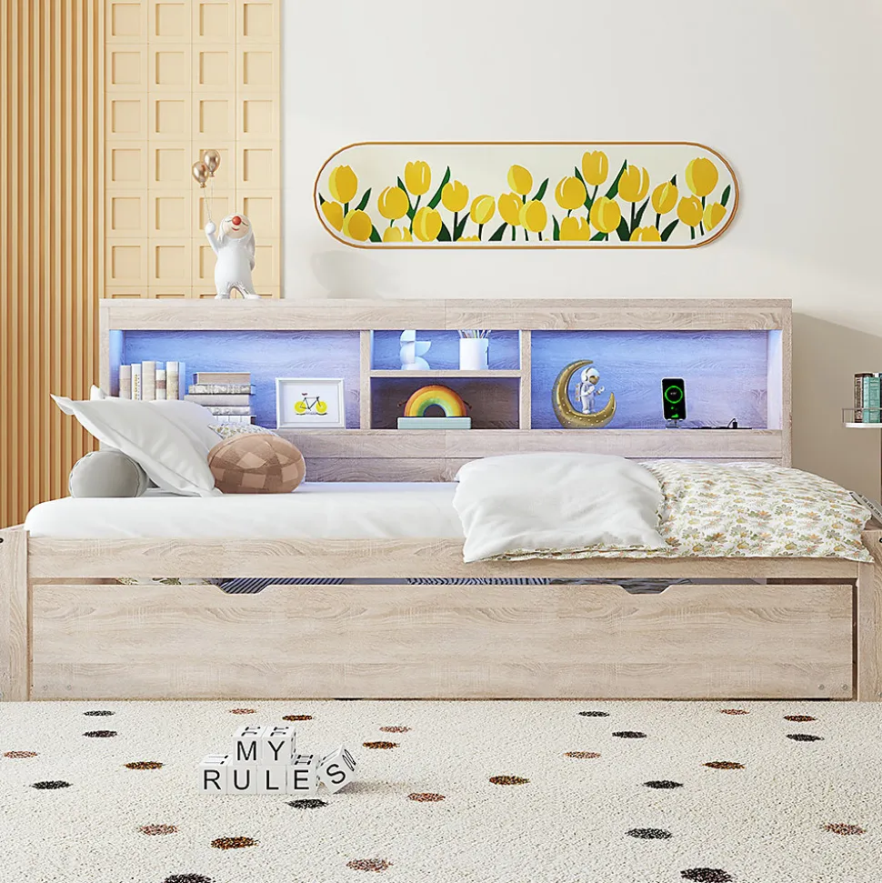 Canapé-lit 90x200cm LED télécommandé rangement prise/USB sans matelas naturel