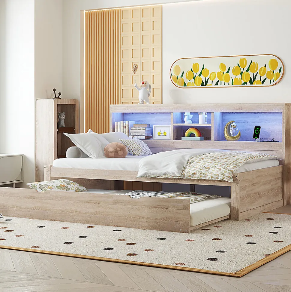 Canapé-lit 90x200cm LED télécommandé rangement prise/USB sans matelas naturel