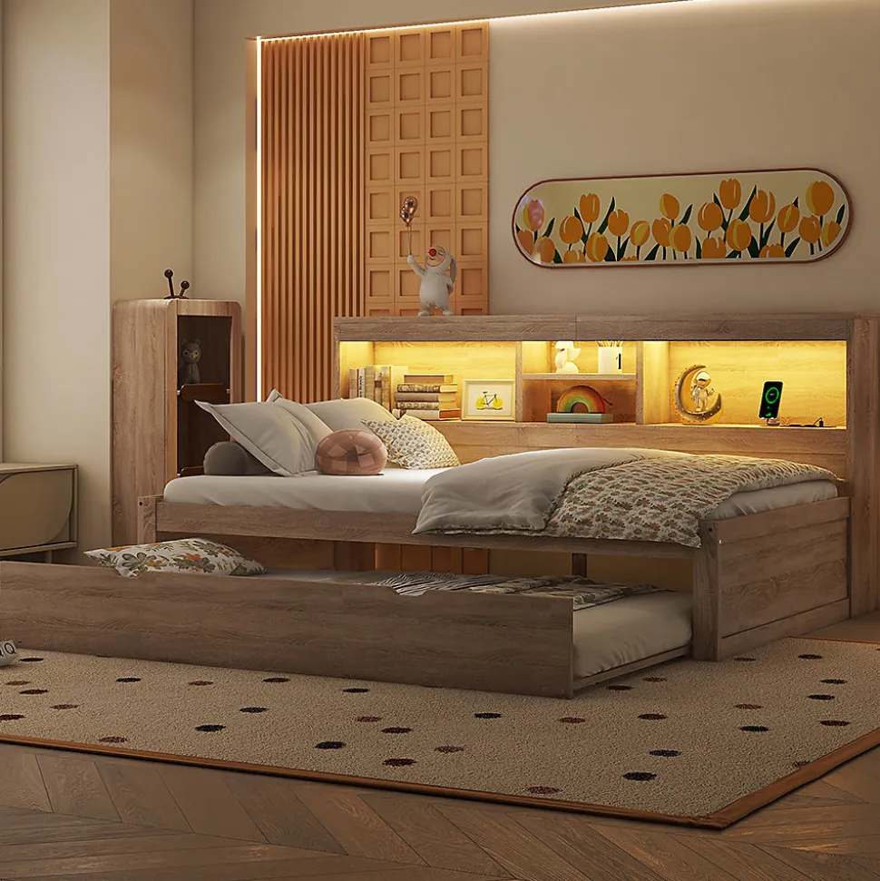 Canapé-lit 90x200cm LED télécommandé rangement prise/USB sans matelas naturel