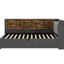 Canapé-lit 90x200cm, rangement hydraulique, USB/Type-C, velours gris foncé