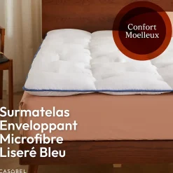 CASABEL surmatelas enveloppant 90x190 cm en microfibre respirante, ultra moelleux, anti-acariens, avec liseré bleu