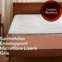 CASABEL Surmatelas 80x200 cm en Microfibre Rerspirante, Ultra Moelleux, Anti-Acariens, Liseré Gris, Idéal Matelas 2 places