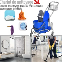 Chariot de lavage chariot de nettoyage professionnel en acier presse à mâchoire seau + rangements bleu