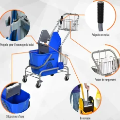 Chariot de lavage chariot de nettoyage professionnel en acier presse à mâchoire seau + rangements bleu