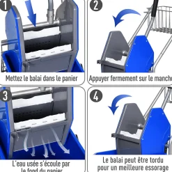 Chariot de lavage chariot de nettoyage professionnel en acier presse à mâchoire seau + rangements bleu