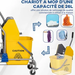 Chariot de lavage chariot de nettoyage professionnel en acier presse à mâchoire seau + rangements jaune