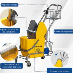 Chariot de lavage chariot de nettoyage professionnel en acier presse à mâchoire seau + rangements jaune