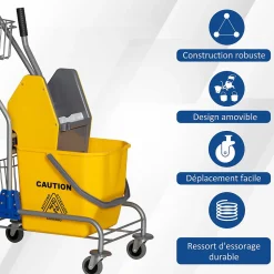 Chariot de lavage chariot de nettoyage professionnel en acier presse à mâchoire seau + rangements jaune