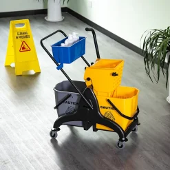 Chariot de lavage chariot de nettoyage professionnel presse à mâchoire 2 seaux + rangement jaune bleu