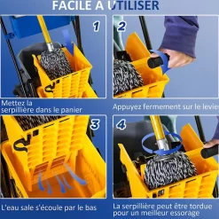 Chariot de lavage chariot de nettoyage professionnel presse à mâchoire 2 seaux + rangement jaune bleu