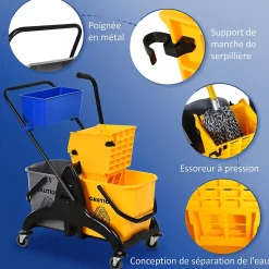 Chariot de lavage chariot de nettoyage professionnel presse à mâchoire 2 seaux + rangement jaune bleu