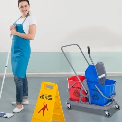 Chariot de lavage chariot de nettoyage professionnel presse à mâchoire 2 seaux 25 L 73L x 45l x 92H cm plastique gris bleu rouge