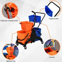 Chariot de lavage chariot de nettoyage professionnel presse à mâchoire 2 seaux + rangement orange bleu