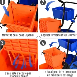 Chariot de lavage chariot de nettoyage professionnel presse à mâchoire 2 seaux + rangement orange bleu